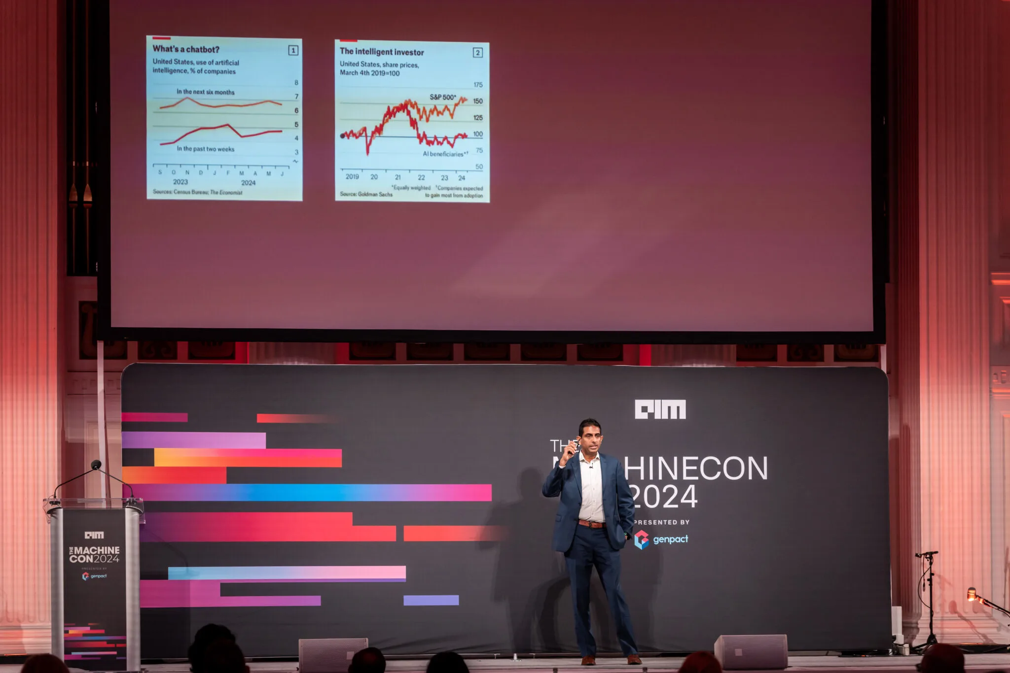Speaker presenting data charts at MachineCon New York 2024